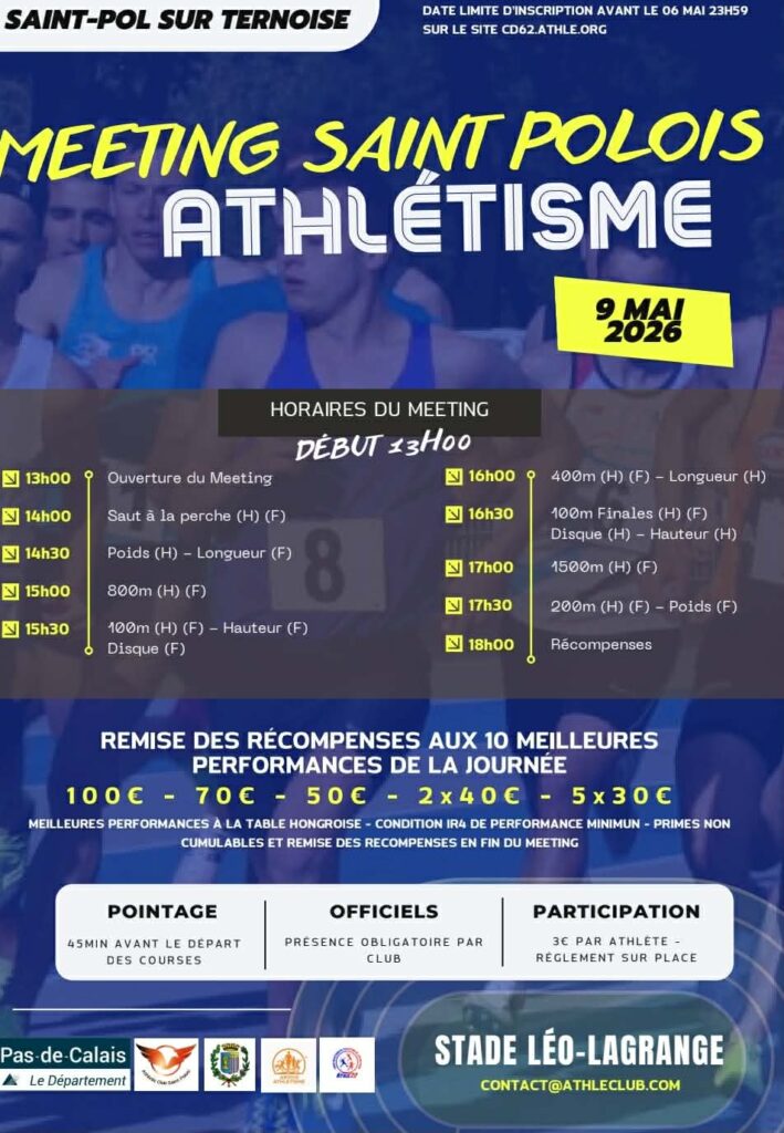 Affiche officielle du Meeting Saint-Polois d'Athlétisme 2026 présentant le programme des épreuves au Stade Léo-Lagrange le 9 mai 2026.